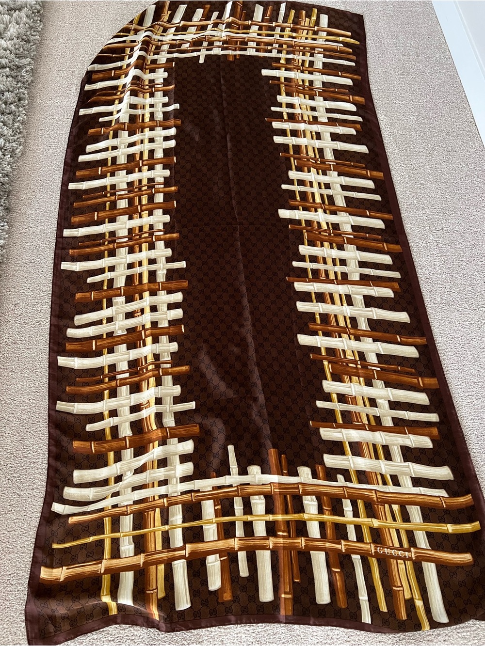 Silk Allover Logo & Bamboo Print Scarf Brown Gold Plaid Shawl Wrap 100% Silk NWT - Picture 3 of 8